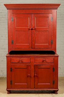 Antique Red Wash 4-Door Step Back Cupboard