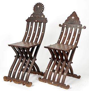 Pair of Antique Syrian Carved Wood and Inlay Folding Chairs
