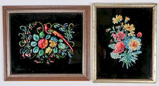 2 Antique American Reverse Painted Glass Tinsel Paintings