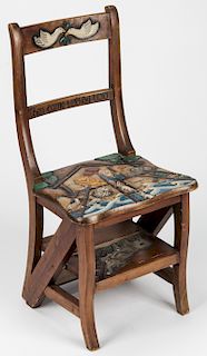 Carved and Painted Library Step Chair with Noah's Arc Scene
