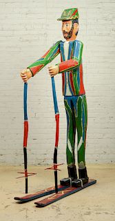 Carved and Painted Wood Folk Art Sculpture of a Skier
