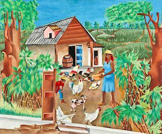 Andre Saturne (Haitian, 1923-1983) Farmyard Scene with Chickens and Goat