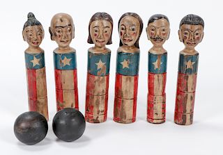 Set of Vintage American Carnival Skittle Figures and Bowling Balls
