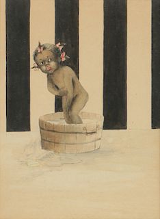 Antique Black Americana Watercolor Painting of a Child in Bath