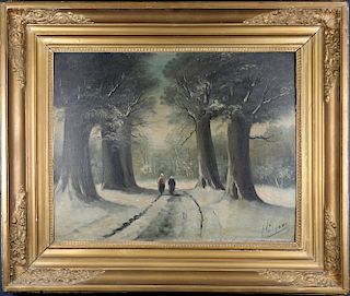 Antique Painting of Figures in a Winter Landscape