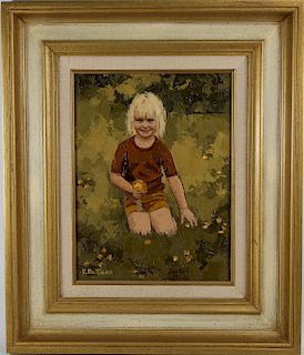 K. Mattison, Vintage Painting of Child in a Field