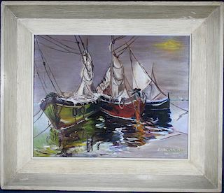 Signed, Early 20th C. Painting of Docked Sailboats
