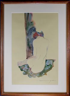 Signed, 20th C. Mixed Media of a Nude Woman
