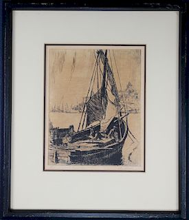 "Fishing Boats Marseille" Antique Etching, Signed