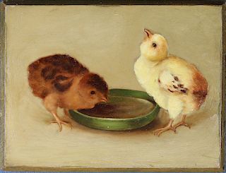 American School, Painting of Young Chicks Feeding