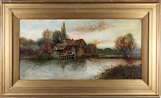 Signed 19th C. Painting of a Cottage Near a Lake