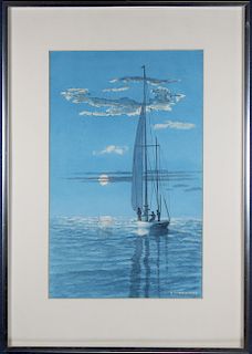 Carmichael, Figures Sailing at Sunset. W/C