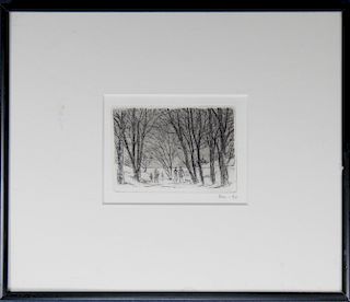 Signed Etching of Figures in Wooded Landscape