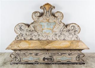 An Italian Painted Hall Bench Height 54 x width 70 x depth 17 inches.