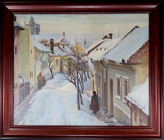 Russian School, Signed 1945 Winter Village Scene