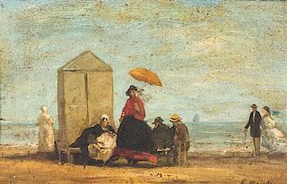 Manner of Eugene Boudin, (French, 1824-1898), Beach Landscape with Figures