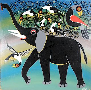Siyaya, Vintage Painting of Elephant & Toucans