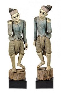 A Pair of Burmese Polychromed Figures Height 48 1/2 inches.