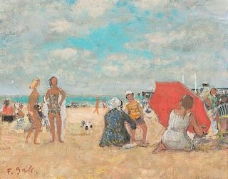 Francois Gall, (Hungarian, 1912-1987), Beach Scene with Red Umbrella