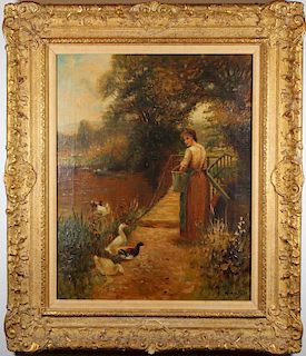 Signed, 19th C. Painting of Woman Feeding Ducks