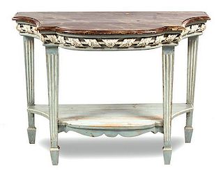 A Louis XVI Style Painted Console Table Height 32 x width 44 x depth 23 1/2 inches.