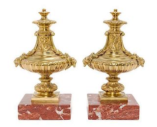 A Pair of French Gilt Bronze and Marble Ornaments Height 12 inches.