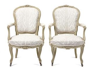 A Pair of Louis XV Style Painted Fauteuils Height 36 inches.