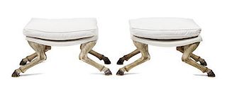 A Pair of French Painted Tabourets Height 20 x width 38 x depth 18 inches.