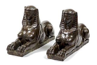 A Pair of Empire Bronze Models of Sphinxes Height 21 1/2 x width 33 1/2 inches.