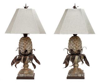 A Pair of Patinated Metal and Composition Table Lamps Height 39 inches.