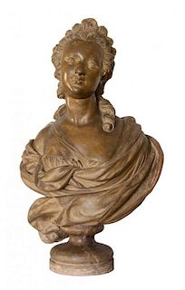 A French Terra Cotta Bust Height 30 x width 17 1/2 inches.