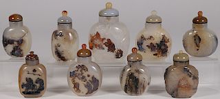 NINE CHINESE CARVED AGATE SNUFF BOTTLES