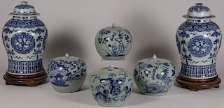 SIX CHINESE BLUE AND WHITE COVERED JARS