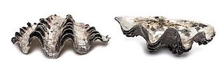 A Pair of Silvered Brass Models of Shells Width 9 inches.