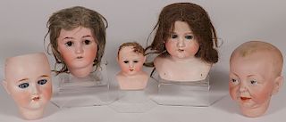 FIVE BISQUE DOLL HEADS