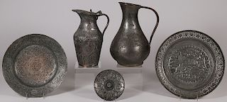 FIVE MIDDLE EASTERN COPPER AND PEWTERWARE ITEMS