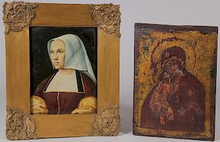 TWO PAINTINGS ON WOOD. Comprising a portrait of a