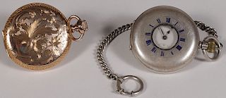 A SILVER POCKET WATCH & GOLD PLATED POCKET WATCH