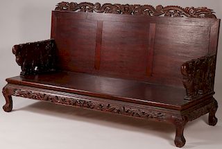  A CHINESE CARVED BENCH AND TWO CHAIRS