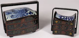 TWO CHINESE LACQUER AND PORCELAIN STACKING BOXES