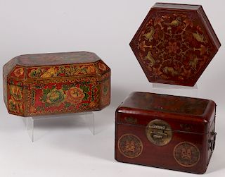 THREE CHINESE PAINTED BOXES. Each of various shap