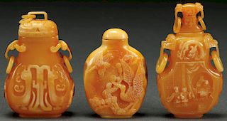 THREE CHINESE CARVED HORNBILL SNUFF BOTTLES
