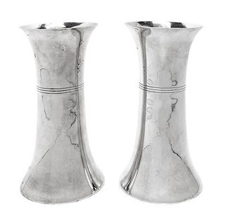 A Pair of English Silver-Plate Vases, Walker & Hall, Sheffield, Circa 1940, cylindrical with flaring ends, with incised horizont