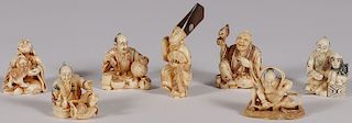 SEVEN CARVED IVORY FIGURAL NETSUKES