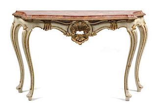 A Pair of Louis XV Style Painted Console Tables Height 33 1/2 x width 52 x depth 17 1/4 inches.