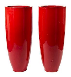 A Pair of Red Acrylic Garden Urns Height 47 1/2 inches.
