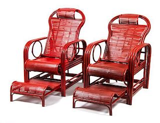 A Pair of Indian Painted Bamboo Garden Chairs Height 45 inches.