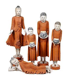 Five Burmese Painted Figures of Monks Height of tallest 45 inches.