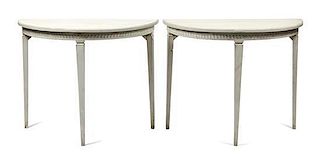 A Pair of Swedish Painted Console Tables Height 29 x width 36 x depth 18 inches.