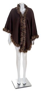 A Loro Piana Brown Cashmere Wrap with Fur Trim, No size.